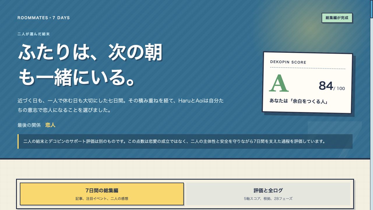 7日間の結末と、恋愛結果とは別にデコピンのサポート評価を示すリザルト画面